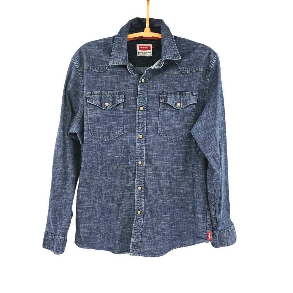 Wrangler Western Pearl‎ Snap Large Denim Long Sleeve Shirt Cowboy Rodeo